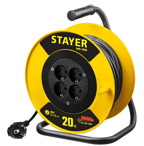 Удлинитель на катушке ПВС 20 м, 4 гнезда, 3*1,5 кв.мм, 3500 Вт STAYER MS 315 Удлинитель на катушке ПВС 20 м, 4 гнезда, 3*1,5 кв.мм, 3500 Вт STAYER MS 315