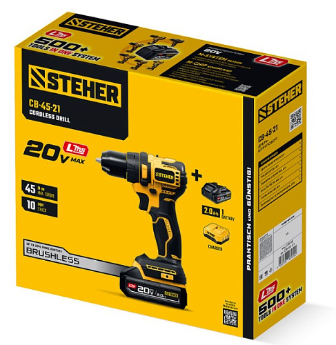 Дрель-шуруповерт аккумуляторная 20 В, 45 Нм, 1*2 Ач LMS бесщеточный двиг. STEHER Дрель-шуруповерт аккумуляторная 20 В, 45 Нм, 1*2 Ач LMS бесщеточный двиг. STEHER