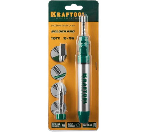 Паяльник газовый 30-70 Вт, 1300°С горелка, фен, набор 3 в 1 KRAFTOOL SolderGas Паяльник газовый 30-70 Вт, 1300°С горелка, фен, набор 3 в 1 KRAFTOOL SolderGas