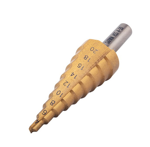 Сверло ступенчатое 4-20 мм, 9 ступеней HSS TiN GARWIN Сверло ступенчатое 4-20 мм, 9 ступеней HSS TiN GARWIN