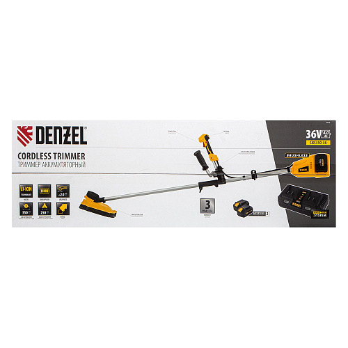 Триммер аккумуляторный 350 мм, 36 В (2*18 В), бесщ. двиг. Denzel CBC350-36 Триммер аккумуляторный 350 мм, 36 В (2*18 В), бесщ. двиг. Denzel CBC350-36
