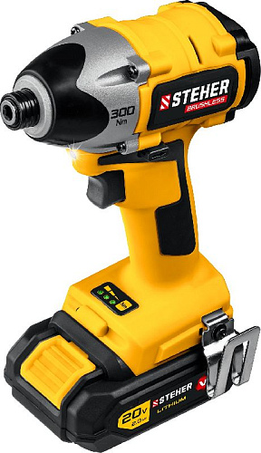 Винтоверт аккумуляторный ударный 20 В, 300 Нм, 2*2 Ач, бесщеточ. двиг. в кейсе STEHER Винтоверт аккумуляторный ударный 20 В, 300 Нм, 2*2 Ач, бесщеточ. двиг. в кейсе STEHER