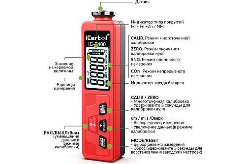 Толщиномер лакокрасочных покрытий Fe+Zn, nFe, Fe, 3% ICARTOOL IC-T400 Толщиномер лакокрасочных покрытий Fe+Zn, nFe, Fe, 3% ICARTOOL IC-T400