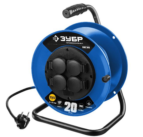 Удлинитель на катушке ПВС 20 м, 4 гнезда, 3*1,5 кв.мм, 3500 Вт, IP44 ЗУБР Профессионал ПВС-315 Удлинитель на катушке ПВС 20 м, 4 гнезда, 3*1,5 кв.мм, 3500 Вт, IP44 ЗУБР Профессионал ПВС-315