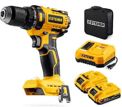 Дрель-шуруповерт аккумуляторная 20 В, 65 Нм, 2*2 Ач STEHER Дрель-шуруповерт аккумуляторная 20 В, 65 Нм, 2*2 Ач STEHER