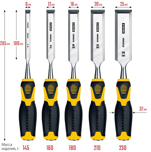 Набор стамесок-долот 5 шт (6,12,16,20,25 мм) в пластиковом кейсе STAYER Hercules Набор стамесок-долот 5 шт (6,12,16,20,25 мм) в пластиковом кейсе STAYER Hercules