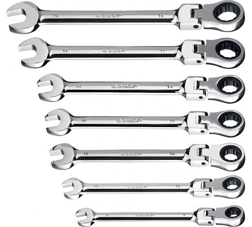 Набор ключей комбинированных трещоточных шарнирных 8-19 мм (7 шт) на холдере ЗУБР Набор ключей комбинированных трещоточных шарнирных 8-19 мм (7 шт) на холдере ЗУБР