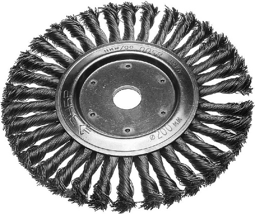 Щетка дисковая 200 мм/22мм для УШМ сплетенная в пучки стальн проволока 0,5мм Зубр Щетка дисковая 200 мм/22мм для УШМ сплетенная в пучки стальн проволока 0,5мм Зубр
