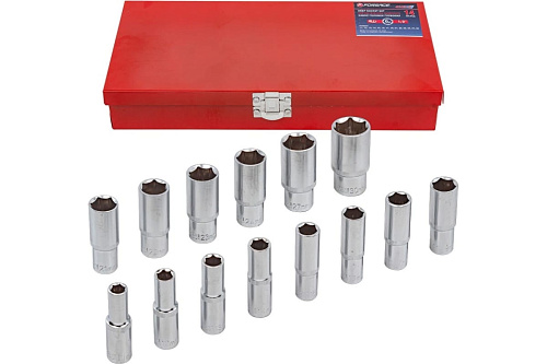 Набор головок торцевых глубоких 11-30 мм (1/2") 6 гр., 14 предм. в метал. кейсе Forsage F-4143-5 Набор головок торцевых глубоких 11-30 мм (1/2") 6 гр., 14 предм. в метал. кейсе Forsage F-4143-5