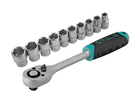 Набор головок торцевых 10-22 мм (1/2") с трещоткой на линейке (11 предм) Stels Набор головок торцевых 10-22 мм (1/2") с трещоткой на линейке (11 предм) Stels