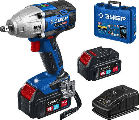 Гайковерт аккумуляторный 1/2", 20 В, 500 Нм, 2*4 Ач, бесщеточ. двиг. в кейсе ЗУБР Профессионал Гайковерт аккумуляторный 1/2", 20 В, 500 Нм, 2*4 Ач, бесщеточ. двиг. в кейсе ЗУБР Профессионал