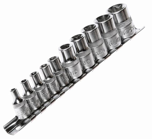 Набор головок торцевых E 4-E18 (1/4", 3/8") 10 предм. на линейке JTC Набор головок торцевых E 4-E18 (1/4", 3/8") 10 предм. на линейке JTC