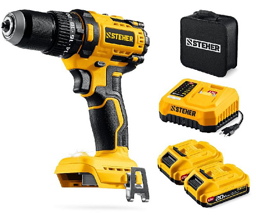 Дрель-шуруповерт аккумуляторная ударная 20 В, 65 Нм, 2*2 Ач LMS бесщеточный двиг. STEHER Дрель-шуруповерт аккумуляторная ударная 20 В, 65 Нм, 2*2 Ач LMS бесщеточный двиг. STEHER