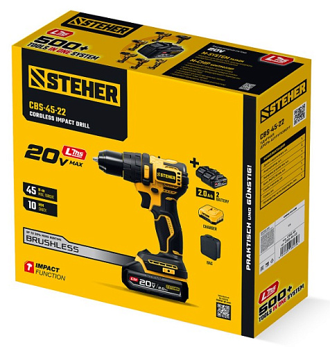 Дрель-шуруповерт аккумуляторная ударная 20 В, 45 Нм, 2*2 Ач LMS бесщеточный двиг. STEHER Дрель-шуруповерт аккумуляторная ударная 20 В, 45 Нм, 2*2 Ач LMS бесщеточный двиг. STEHER