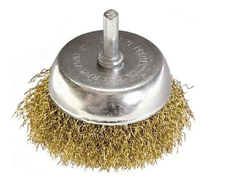 Щетка чашечная 50 мм для дрели со шпилькой латунированная витая проволока MATRIX Щетка чашечная 50 мм для дрели со шпилькой латунированная витая проволока MATRIX