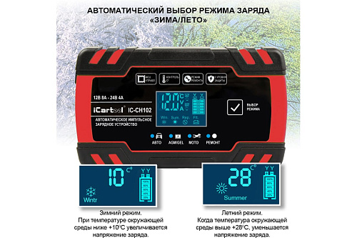 Зарядное устройство автомобильное 12/24 В, 8А импульсное с функцией восстановления iCarTool Зарядное устройство автомобильное 12/24 В, 8А импульсное с функцией восстановления iCarTool