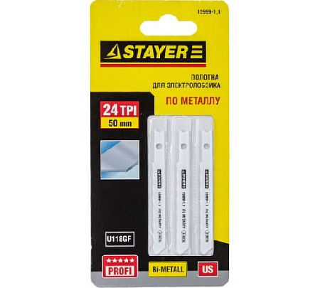 Пилка для лобзика по металлу 50*1,1 мм U118GF, Bi-Metall (3 шт.) STAYER "PROFI" Пилка для лобзика по металлу 50*1,1 мм U118GF, Bi-Metall (3 шт.) STAYER "PROFI"