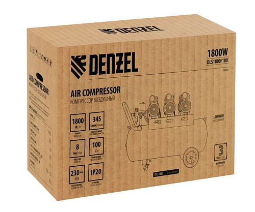 Компрессор безмасляный 100 л, 1,8 кВт (3х0,6), 345 л/мин, 8 бар,230В, малошумный Denzel DLS 1800/100 Компрессор безмасляный 100 л, 1,8 кВт (3х0,6), 345 л/мин, 8 бар,230В, малошумный Denzel DLS 1800/100