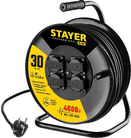 Удлинитель на катушке КГ 30 м, 4 гнезда, 3*2,5 кв.мм, 4000 Вт, IP44 STAYER RX 325 Удлинитель на катушке КГ 30 м, 4 гнезда, 3*2,5 кв.мм, 4000 Вт, IP44 STAYER RX 325