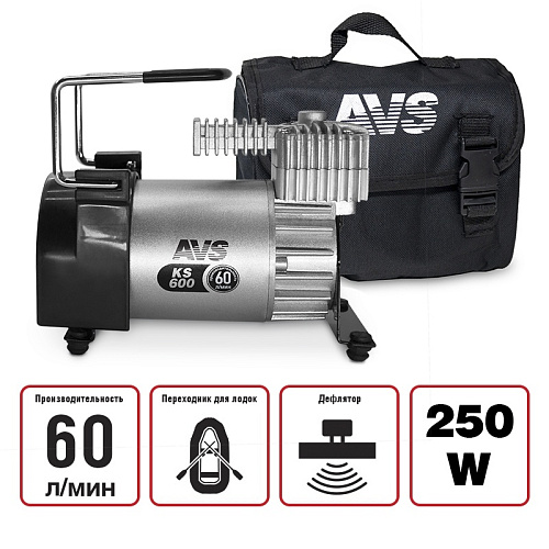 Компрессор автомобильный 10 атм, 60 л/мин с насадками и шлангом AVS KS600 Компрессор автомобильный 10 атм, 60 л/мин с насадками и шлангом AVS KS600