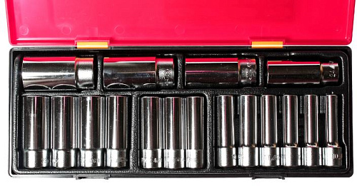 Набор головок торцевых глубоких 10-32 мм (1/2") 6 гр., 17 предм. в ложемент-кейсе JTC Набор головок торцевых глубоких 10-32 мм (1/2") 6 гр., 17 предм. в ложемент-кейсе JTC