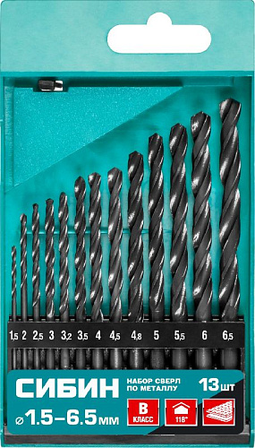 Набор сверл по металлу 1,5-6,5 мм (13 шт.) HSS, класс В СИБИН Набор сверл по металлу 1,5-6,5 мм (13 шт.) HSS, класс В СИБИН