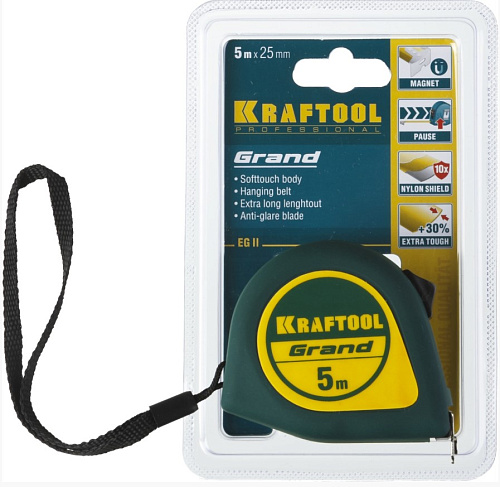 Рулетка 5 м*25 мм ударостойкий обрезиненный корпус KRAFTOOL Grand Рулетка 5 м*25 мм ударостойкий обрезиненный корпус KRAFTOOL Grand