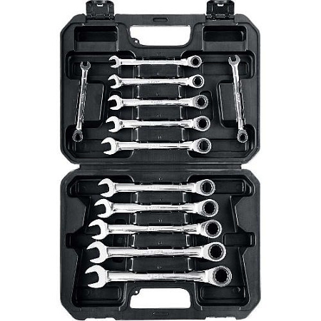 Набор ключей комбинированных трещоточных 8-19 мм (12 шт) в пластиковом кейсе ЗУБР Набор ключей комбинированных трещоточных 8-19 мм (12 шт) в пластиковом кейсе ЗУБР