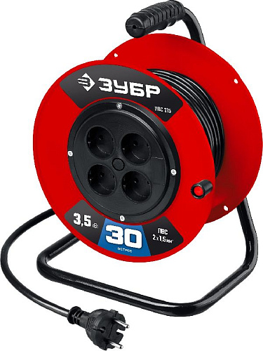 Удлинитель на катушке ПВС 30 м, 4 гнезда, 2*1,5 кв.мм, 3500 Вт ЗУБР Мастер ПВС-215 Удлинитель на катушке ПВС 30 м, 4 гнезда, 2*1,5 кв.мм, 3500 Вт ЗУБР Мастер ПВС-215