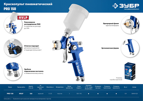 Краскопульт с верхним бачком 125 мл, HVLP, дюза 0,8 мм ЗУБР ПРО 150 Краскопульт с верхним бачком 125 мл, HVLP, дюза 0,8 мм ЗУБР ПРО 150