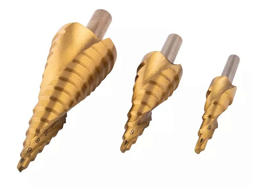 Набор сверел ступенчатых 4-12, 4-20, 4-30 мм, HSS-TiN, со спиральной канавкой GARWIN Набор сверел ступенчатых 4-12, 4-20, 4-30 мм, HSS-TiN, со спиральной канавкой GARWIN