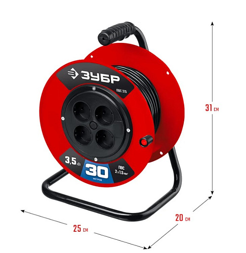 Удлинитель на катушке ПВС 30 м, 4 гнезда, 2*1,5 кв.мм, 3500 Вт ЗУБР Мастер ПВС-215 Удлинитель на катушке ПВС 30 м, 4 гнезда, 2*1,5 кв.мм, 3500 Вт ЗУБР Мастер ПВС-215