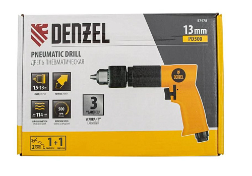 Дрель пневматическая угловая 13 мм, 500 об/мин, 114 л/мин Denzel PD500 Дрель пневматическая угловая 13 мм, 500 об/мин, 114 л/мин Denzel PD500