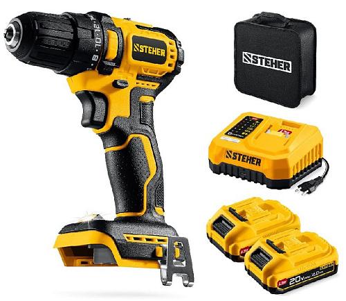 Дрель-шуруповерт аккумуляторная 20 В, 45 Нм, 2*2 Ач LMS бесщеточный двиг. STEHER Дрель-шуруповерт аккумуляторная 20 В, 45 Нм, 2*2 Ач LMS бесщеточный двиг. STEHER