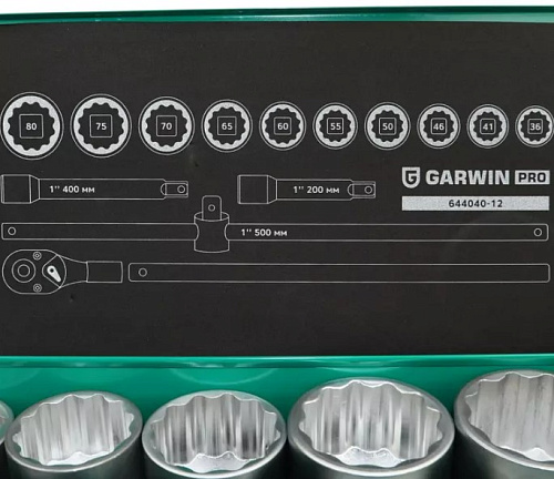 Набор головок торцевых 36-80 мм (1") 12 гр., 15 предм. GARWIN PRO Набор головок торцевых 36-80 мм (1") 12 гр., 15 предм. GARWIN PRO