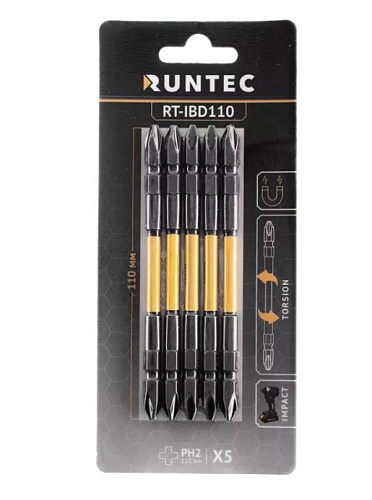 Бита PH №2 L= 110 мм (1/4" HEX) ударная двухсторонняя (5 шт) RUNTEC Бита PH №2 L= 110 мм (1/4" HEX) ударная двухсторонняя (5 шт) RUNTEC