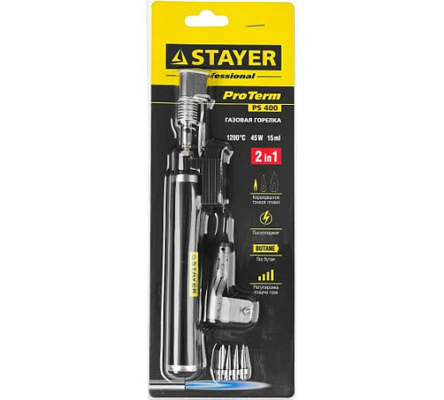 Паяльник газовый 45 Вт, 1200°С горелка, фен, пьезоподжиг, набор 5 в 1 STAYER Professional Паяльник газовый 45 Вт, 1200°С горелка, фен, пьезоподжиг, набор 5 в 1 STAYER Professional