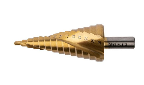 Сверло ступенчатое 4-30 мм, 14 ступеней HSS TiN со спиральной канавкой GARWIN Сверло ступенчатое 4-30 мм, 14 ступеней HSS TiN со спиральной канавкой GARWIN