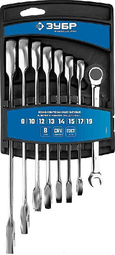 Набор ключей комбинированных трещоточных 8-19 мм (8 шт) на пластиковом держателе ЗУБР Набор ключей комбинированных трещоточных 8-19 мм (8 шт) на пластиковом держателе ЗУБР