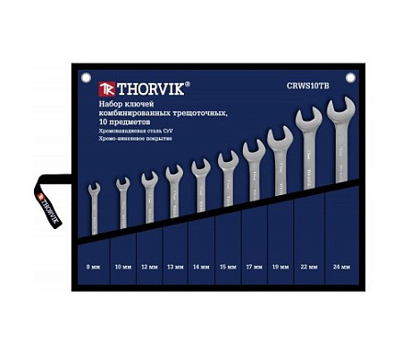Набор ключей комбинированных трещоточных 8-24 мм (10 шт) в сумке-скрутке Thorvik CRWS10TB Набор ключей комбинированных трещоточных 8-24 мм (10 шт) в сумке-скрутке Thorvik CRWS10TB