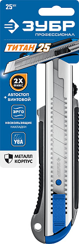 Нож технический 25 мм выдвижное лезвие, металлический с автостопом Титан-25 ЗУБР Профессионал Нож технический 25 мм выдвижное лезвие, металлический с автостопом Титан-25 ЗУБР Профессионал