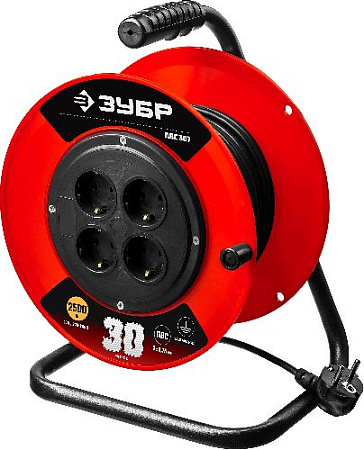 Удлинитель на катушке ПВС 30 м, 4 гнезда, 3*0,75 кв.мм, 2500 Вт ЗУБР Мастер ПВС-307 Удлинитель на катушке ПВС 30 м, 4 гнезда, 3*0,75 кв.мм, 2500 Вт ЗУБР Мастер ПВС-307