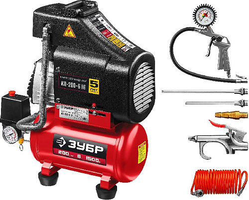 Компрессор безмасляный 6 л, 1,5 кВт, 200 л/мин, 8 бар, 220 В, с набором аксессуаров ЗУБР Компрессор безмасляный 6 л, 1,5 кВт, 200 л/мин, 8 бар, 220 В, с набором аксессуаров ЗУБР