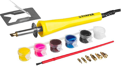 Прибор для выжигания, пайки, резки STAYER с набором насадок и красками, 7шт Прибор для выжигания, пайки, резки STAYER с набором насадок и красками, 7шт