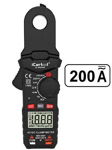 Клещи токоизмерительные 200A, 600В, 20 МОм, 16 мм, постоянный/переменный ток, TrueRMS iCarTool Клещи токоизмерительные 200A, 600В, 20 МОм, 16 мм, постоянный/переменный ток, TrueRMS iCarTool