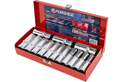 Набор головок торцевых глубоких 11-30 мм (1/2") 6 гр., 14 предм. в метал. кейсе Forsage F-4143-5 Набор головок торцевых глубоких 11-30 мм (1/2") 6 гр., 14 предм. в метал. кейсе Forsage F-4143-5