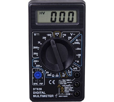 Мультиметр цифровой 0,2-1000В, 200-750В, 10А, 0-2 МОм, подсветка дисплея Ресанта DT 838 Мультиметр цифровой 0,2-1000В, 200-750В, 10А, 0-2 МОм, подсветка дисплея Ресанта DT 838