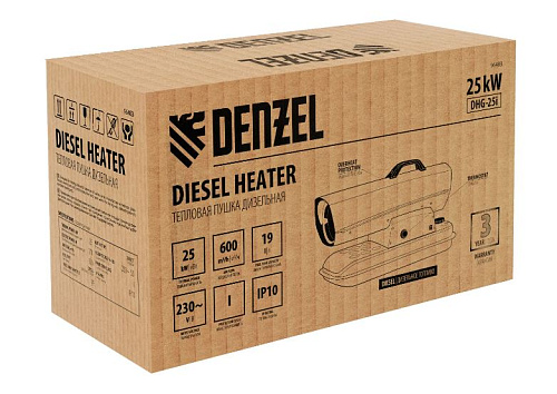 Пушка дизельная тепловая 25 кВт, 600 м.куб/час, 19л, 1.9 л/ч, термостат Denzel DHG-25i Пушка дизельная тепловая 25 кВт, 600 м.куб/час, 19л, 1.9 л/ч, термостат Denzel DHG-25i