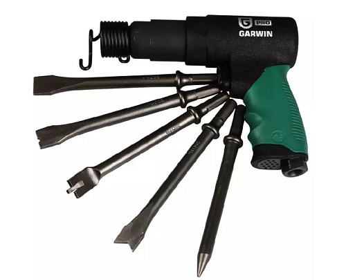 Молоток пневматический в комплекте с 5 зубилами, 190 мм, 6,5 Дж GARWIN Молоток пневматический в комплекте с 5 зубилами, 190 мм, 6,5 Дж GARWIN
