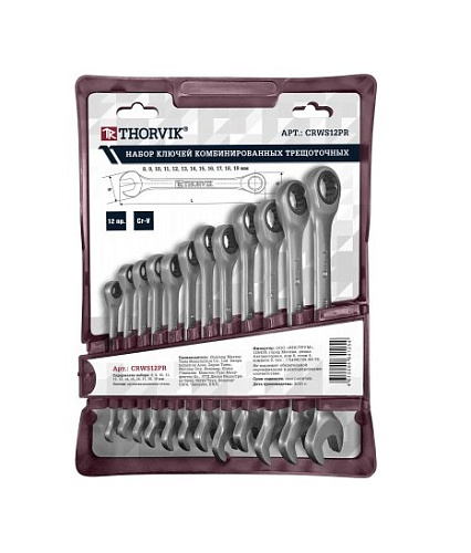 Набор ключей комбинированных трещоточных 8-19 мм (12 шт) на пластиковом держателе Thorvik CRWS12PR Набор ключей комбинированных трещоточных 8-19 мм (12 шт) на пластиковом держателе Thorvik CRWS12PR